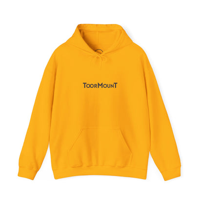 Yellow hoodie with 'Toormount' logo on a white background